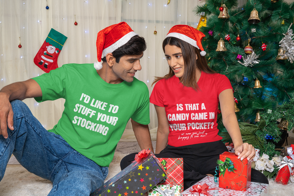 Xmas - His & Hers - 'Stuff Your Stocking / Candy Cane In Pocket' T-Shirts / Sweatshirts